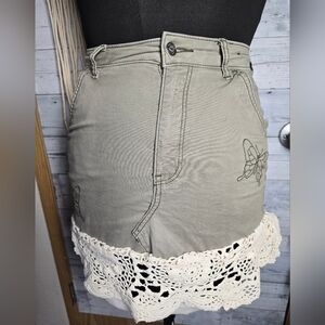 Customized Embroidered Butterfly Crochet Hem Mini Skirt - Light Sage